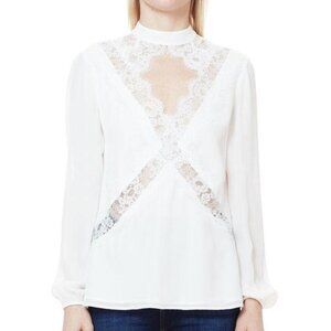 CAMI NYC Skylar White Silk-Crepe Lace-Trim Cutout Blouse